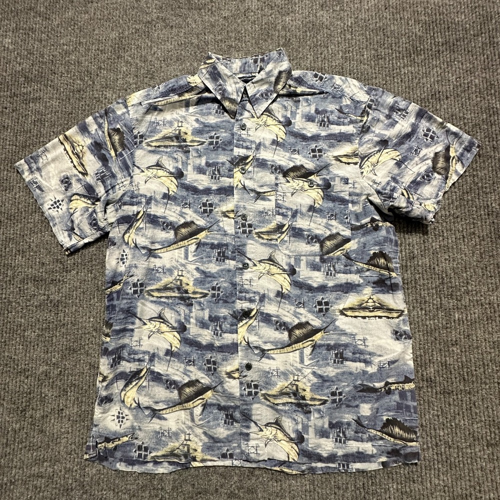 Knightsbridge Mens Button Up Shirt Medium Blue‎ Fish Ships Print Short Sleeve